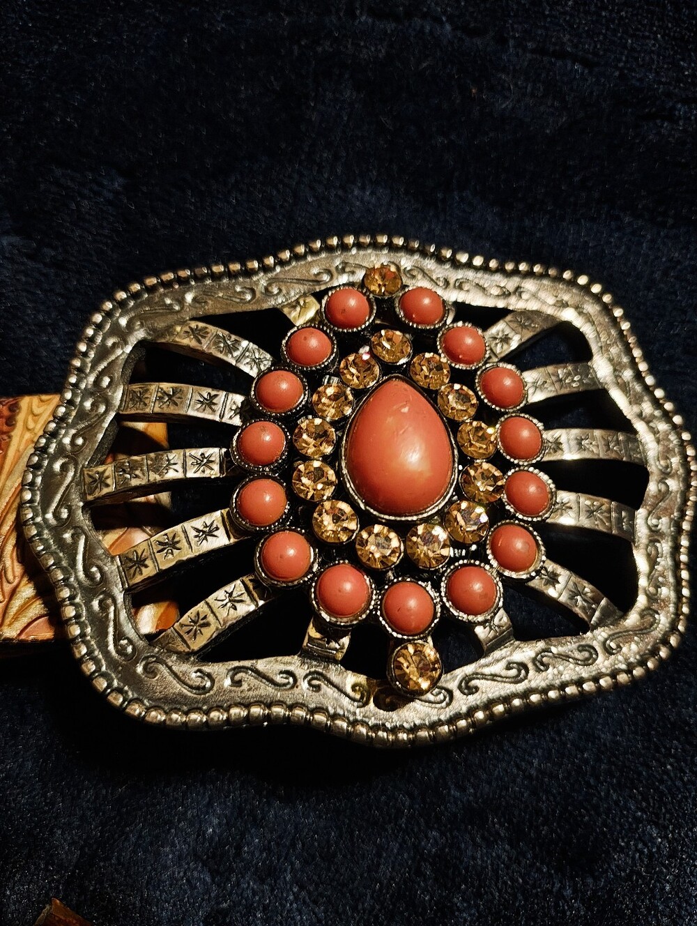 Vintage 90s Streets Ahead Leather Belt Large Western Tooled Coral Rhinestone